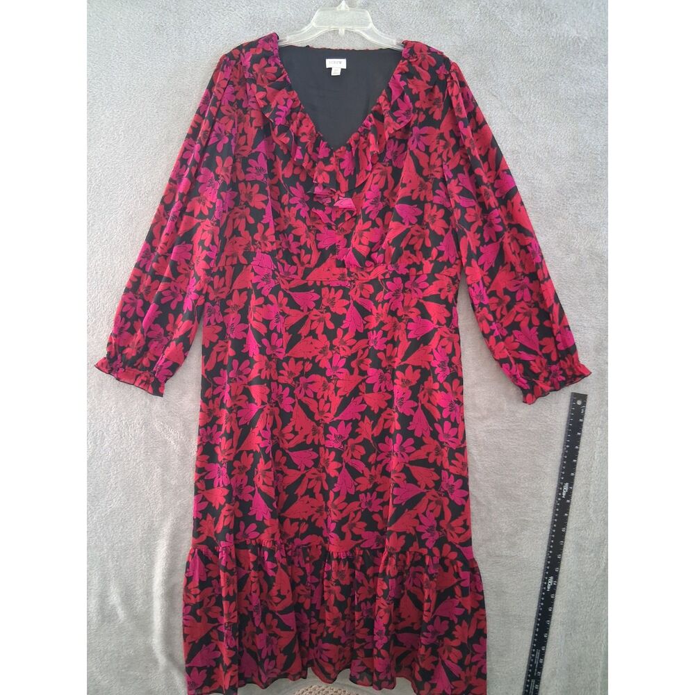 J Crew Dress Sz 20 Dark Floral Romantic VNeck Midi Tiered Ruffle‎ Pink Red Black